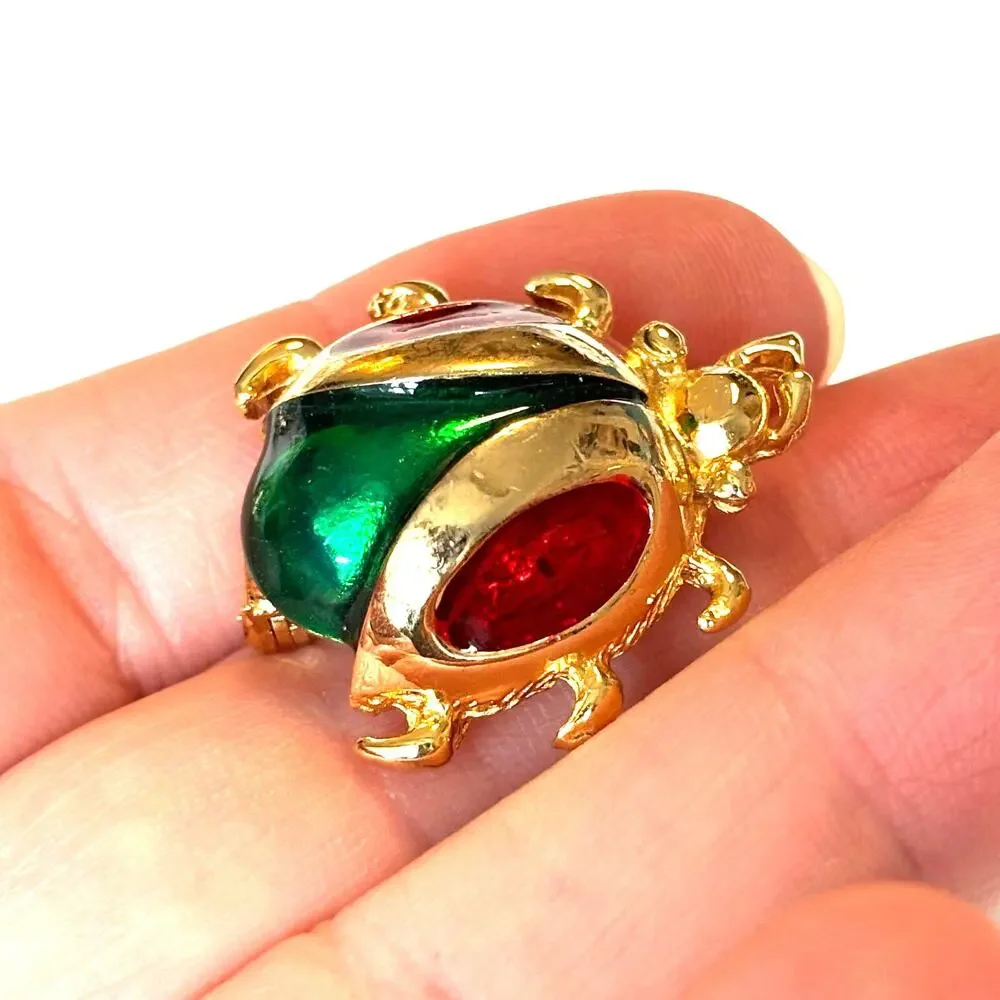 Vintage bug beetle insect brooch gold with red & green enamel finishes fun lapel